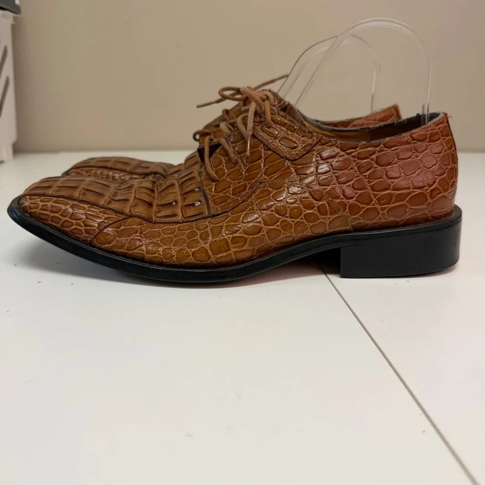 Moretti Collezione Italia Mens 9.5 Brown Crocodile Embossed Leather Shoes A1788‎